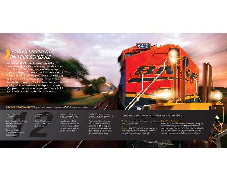 <h4>BNSF operates one of the largest railroad networks in North America. This brochure advertises speedy shipments from U.S. ports to destinations across the country.</h4>